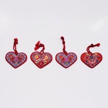 4 Vintage German Red Wooden Heart Ornaments Handpainted Flowers Holiday Folk Art - £17.77 GBP
