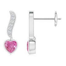Pink Sapphire Heart Drop Earrings with Diamond in 14K Gold (Grade-AAA , 4MM) - £461.99 GBP