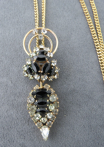 Art Deco Pendant Brooch Necklace Combo Black Rhinestones Gold Filled  21&quot; Chain - £38.55 GBP