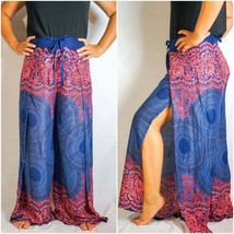 Blue Mandala Palazzo Wrap Pants, Hippie Pants, Boho Harem Flow Pants - £14.38 GBP