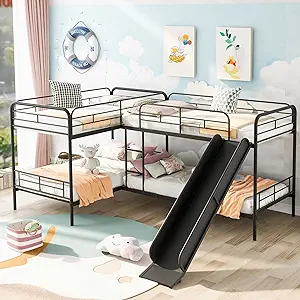 Bed2 Twin Size Bunk Beds With Slide, L-Shaped Metal Triple Bunkbed Frame... - $852.99
