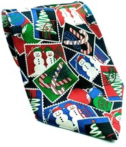 Christmas Tree Snowman Candy Cane Ornaments Postage Stamp Novelty Silk Necktie - £14.28 GBP