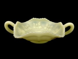 Square Twin-Handled Bon Bon Dish, Fenton Yellow Custard Glass, Butterfly Pattern - £23.46 GBP