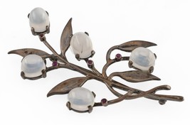 Walter Lampl Ruby &amp; Moonstone Olive Branch Brooch in Sterling Silver 68m... - $345.51