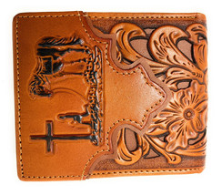 Western Men&#39;s Genuine Leather Tooled Laser Cut Praying Cowboy Wallet 9 colors - £23.17 GBP
