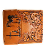 Western Men&#39;s Genuine Leather Tooled Laser Cut Praying Cowboy Wallet 9 c... - £22.66 GBP