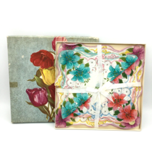 FLORAL colorful printed handkerchiefs box set of 3 - 14&quot; scalloped NOS vintage - £15.71 GBP