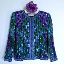 Vintage 80s Laurence Kazar Silk Sequin Cocktail Evening Jacket XS P Peacock Blue - £67.24 GBP