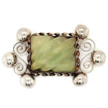 Vtg Sterling Signed Mexico Silver Jade Stone Ripple Carved Scroll Ornate Brooch - £59.13 GBP