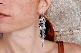 Boho Silver Earrings, Gypsy Long Earrings, Bohemian Chic Earrings - £12.77 GBP