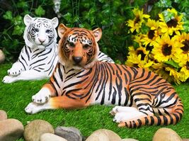 Pair Of Large Siberian And Bengal Tiger Resting 15.5"L Statue Home Garde... - $109.99