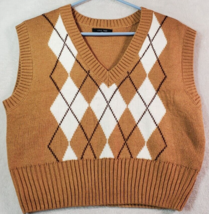 Love Tree Crop Sweater Women Medium Brown Argyle Knit Sleeveless V Neck Pullover - £12.77 GBP