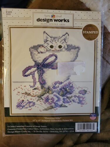 Design Works Stamped Embroidery Kit #E103 2555 Flowerpot Kitty 15x15 - $9.89