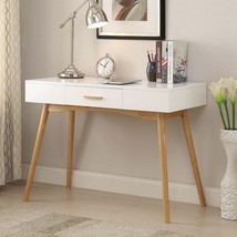 Modern Laptop Writing Desk in White with Natural Mid-Century Style Legs - $7,464.07 MXN
