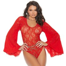 Long Sleeve Lace Teddy Bell Sleeves Flared Thong Open Back Sheer Red 82301 - £12.85 GBP+