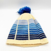 VTG Wigwam Winter Snow Hat Ivory Blue Acrylic Pompom Unisex USA Made Stripe Geo - £15.65 GBP