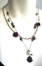 Betsey Johnson Illusion Layered Charm Necklace Purple Flowers Hearts Round Beads - £26.57 GBP