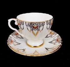 Vtg Royal Grafton England Bone China Teacup &amp; Saucer Floral Scroll Gold ... - $21.07