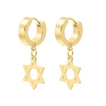 Mens Womens Gold Jewish Star of David Drop Dangle Hoop Earrings Stainless Steel - $7.91