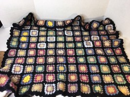 Vtg Hand Crochet Granny Square Afghan Throw Black Multi Color 34.5”x30.5” Boho - £14.97 GBP