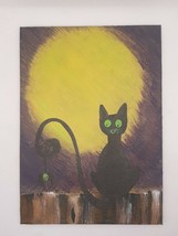 Halloween Black Cat &amp; Spider Full Moon Painting Acrylic on Panel Original 5x7 - £5.06 GBP
