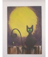 Halloween Black Cat &amp; Spider Full Moon Painting Acrylic on Panel Origina... - £5.03 GBP