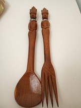 Vintage Lg Wooden Tribal Spoon &amp; Fork Set 15.5&quot; - $15.98