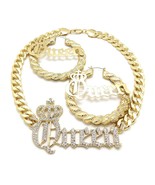 Iced Queen Pendant 11mm/18&quot; Cuban Chain &amp; Bamboo Pincatch Earring Set RC... - £23.72 GBP