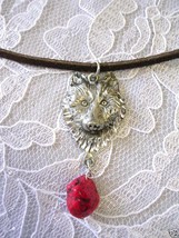 Engraved Totem Spirit Wolf Head W Red Turquoise Gem Pewter Pendant Adj Necklace - £25.97 GBP