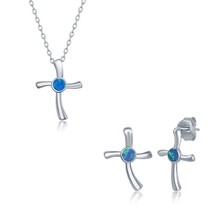 Sterling Silver Blue Inlay Opal Necklace and Earrings Set - Cross - £37.25 GBP