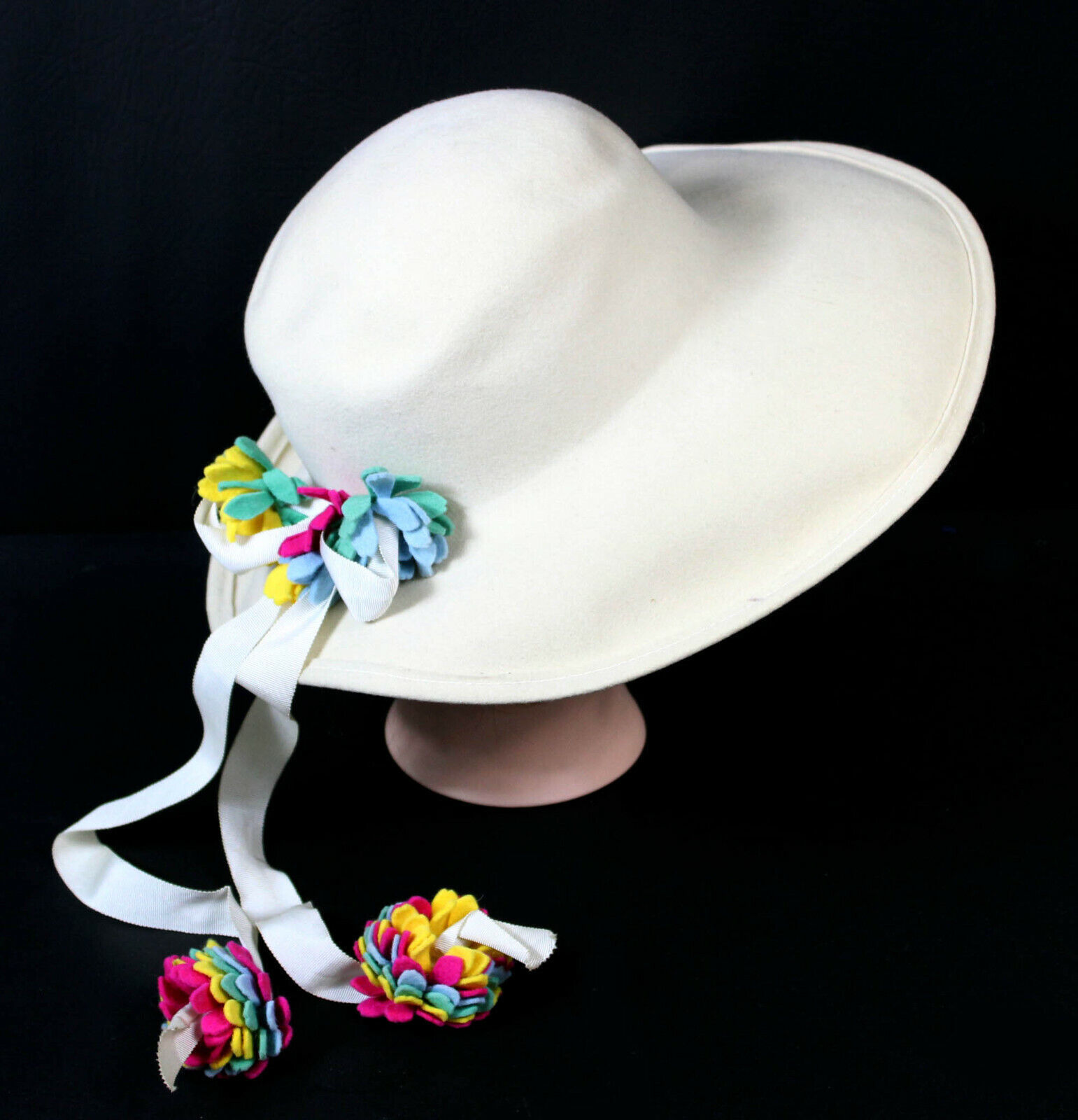 Primary image for Beautiful Vintage Ken Blaire Sun Hat Wool Felt Colorful Felt Flower Tassles