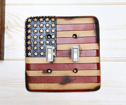 Set of 2 Rustic Patriotic USA American Flag Wall Double Toggle Switch Plates - £21.34 GBP