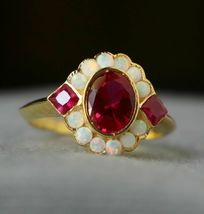 3.50Ct Oval Cut Ruby Halo Fire Opal Diamond Ring 14K Yellow Gold Over For Gift - £89.08 GBP