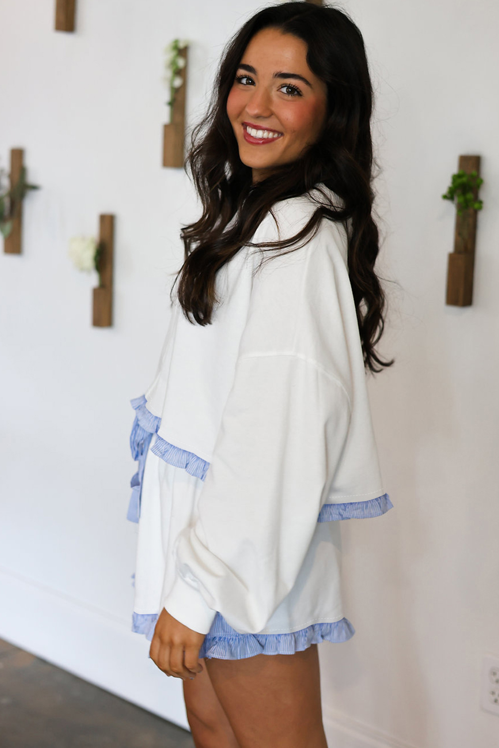 White Striped Ruffle Hem Long Sleeve Pullover and Shorts Set - $42.27