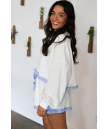 White Striped Ruffle Hem Long Sleeve Pullover and Shorts Set - $792.43 MXN