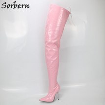 Pink Shiny Metal High Heel Boots For Women Thigh High Stretched Ladies Boots - £188.37 GBP