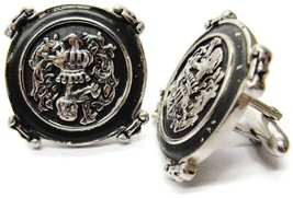 LION Crown Cufflinks Silver Tone Black Enamel Royal Wedding Vtg Signed S... - $39.59