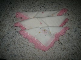Lot of 3 Vintage Ladies Embroidered Handkerchiefs with Pink Lace Trim - #F - $13.50