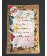 Santa w/ Blue Robe A Merry Christmas Gold Embossed Antique Postcard 1911... - $29.99