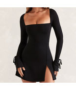 Black Women Mini Glossy Bodycon Split Dress Slim - £13.76 GBP
