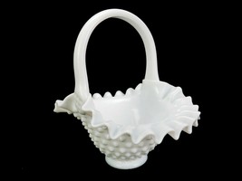 Fenton Milk Glass Basket, Hobnail Surface, Smooth Handle, Ruffled Rim, Vintage - £19.09 GBP