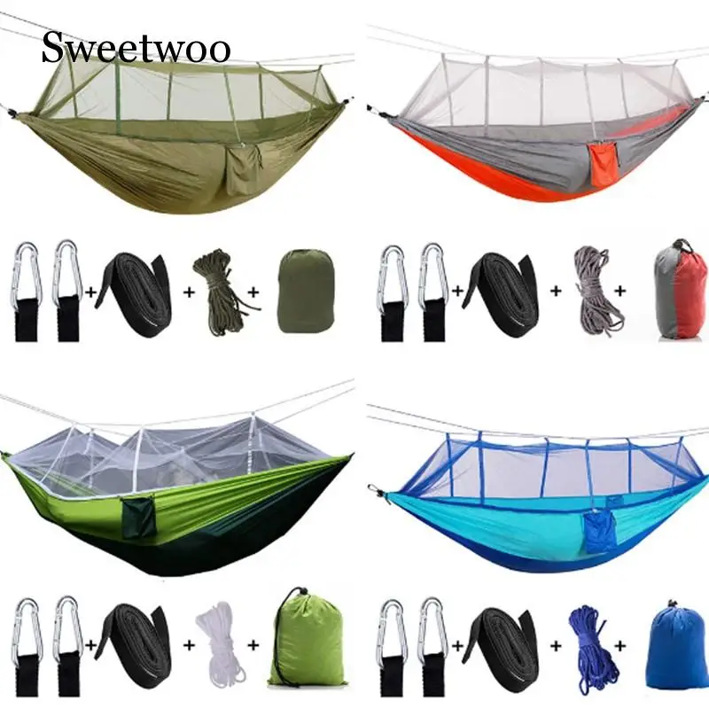 Outdoor Parachute Cloth Hammock With Mosquito Net Ultra Light Nylon Double Army - £30.33 GBP