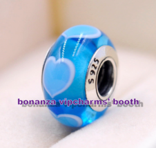 925 Sterling Silver Handmade Glass Bead Love with Blue Hearts Murano Glass Charm - £3.18 GBP