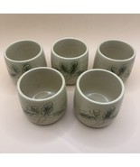 Primitive Stoneware Celadon/tan Saki Cup Set Of 5 W/Floral Motif And Asi... - $14.03