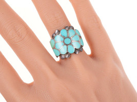 sz7 Vintage Dishta Style Zuni sterling and turquoise flush inlay ring - £241.09 GBP