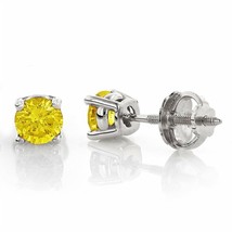 1.75CT Round Canary Yellow Solid 14K White Gold Stud ScrewBack Earrings - £101.89 GBP