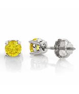 1.75CT Round Canary Yellow Solid 14K White Gold Stud ScrewBack Earrings - $127.50