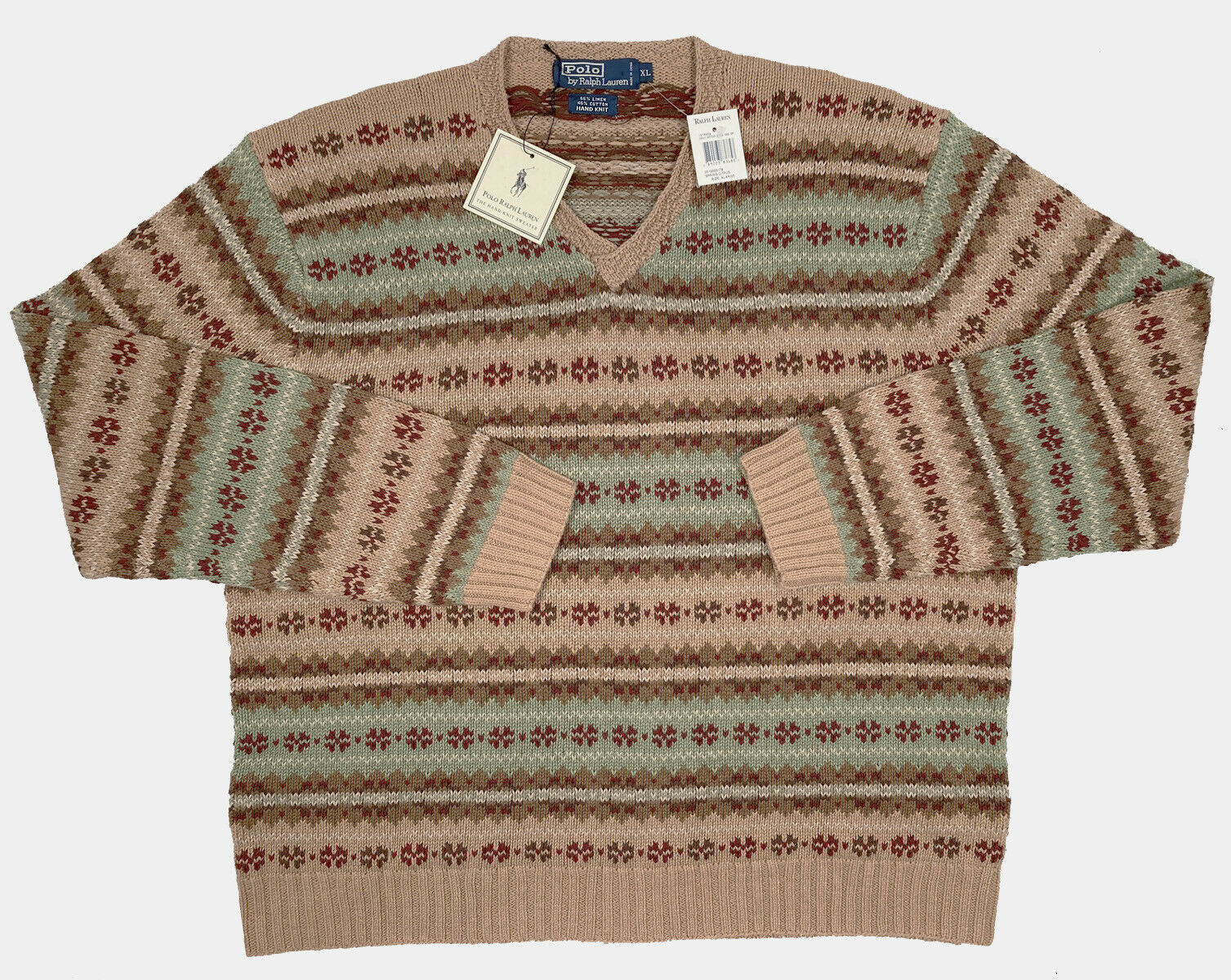 NEW Vintage Polo Ralph Lauren Sweater!  XL  Tan Brown Intarsia Design  Hand Knit - £135.88 GBP