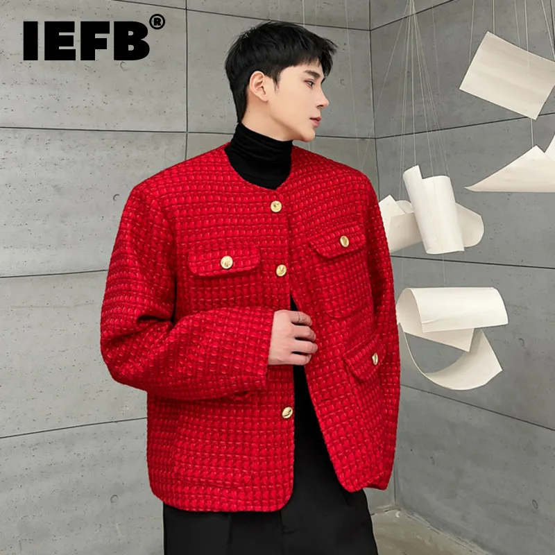 IEFB High Street Woven Tweed Men Jacket Round Neck 2022 Single Breasted Pocket L - £159.57 GBP