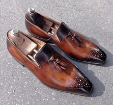 Handmade Men&#39;s Loafer Patina Brown Leather Tassels Moccasins Dress Formal Shoes - £127.59 GBP